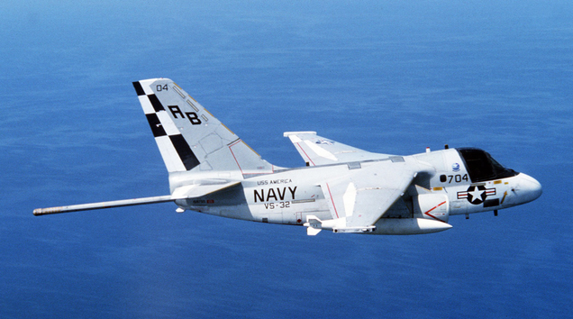 An S-3 from ASW Squadron VS-32 Maulers from the aircraft carrier USS America (CV-66), on 6 May 1982. Note the extended magnetic anomaly detector (MAD) boom.